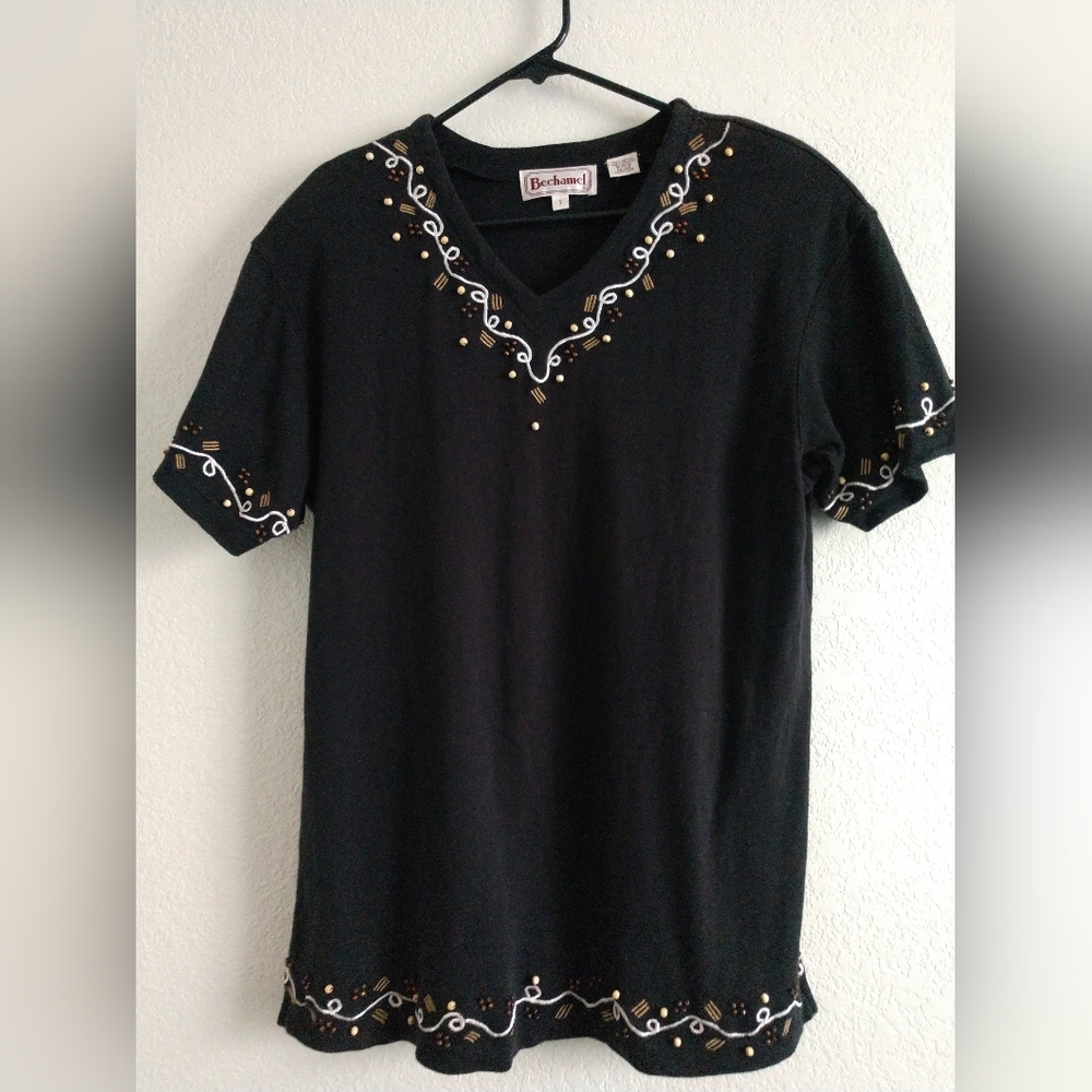 Bechamel Women's Knit Top Beaded Embroidered Short Sleeve Black Small Chest 38"
